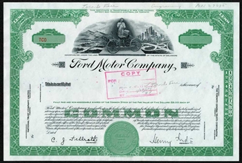 Ford Motor Company Specimen Stock Certificate with Henry Ford