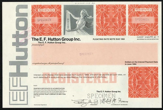 E.F. Hutton Group Inc. Specimen Bond Certificate