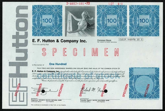 E.F. Hutton and Company Inc. Specimen Bond Certificate
