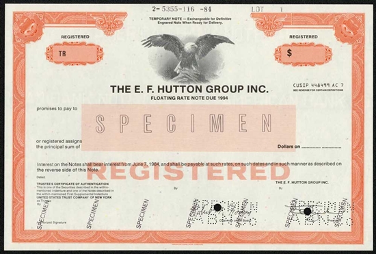 E.F. Hutton Group Inc. Specimen Note Certificate