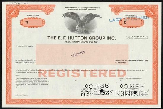 E.F. Hutton Group Inc. Specimen Note Certificate