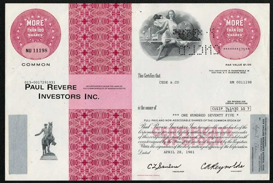 Paul Revere Investors Inc. Stock Certificate