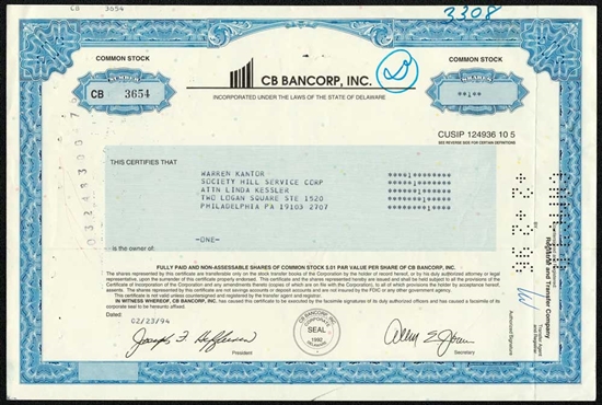 CB Bancorp, Inc. Stock Certificate