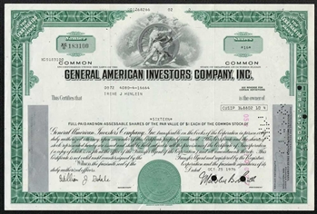 General American Investors Company Stock Certificate