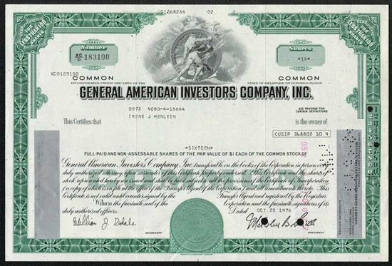 General American Investors Company Stock Certificate