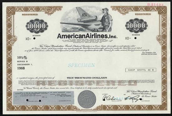 American Airlines Inc. Specimen $10,000 Note Certificate