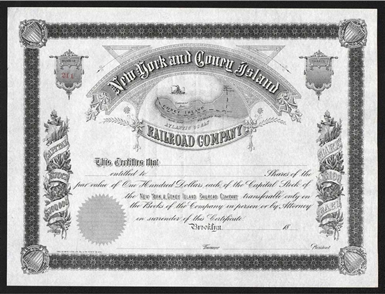 New York and Coney Island Railroad Company Stock Certificate