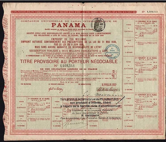 French Panama Canal Bond Certificate - 1888