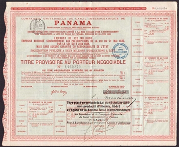 French Panama Canal Bond Certificate - 1888