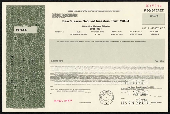 Bear Stearns Investors Trust Specimen Certificate