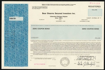 Bear Stearns  Investors Trust Specimen Certificate - 1988