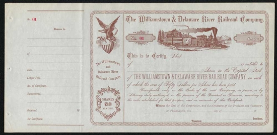1800's The Williamstown & Delaware River Railroad Co. Stock
