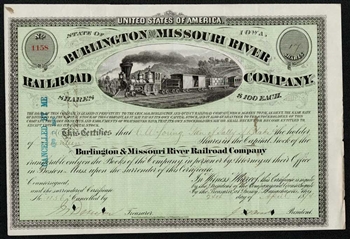 1870's The Burlington and Missouri River Railroad Co. Stock
