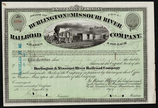 1870's The Burlington and Missouri River Railroad Co. Stock