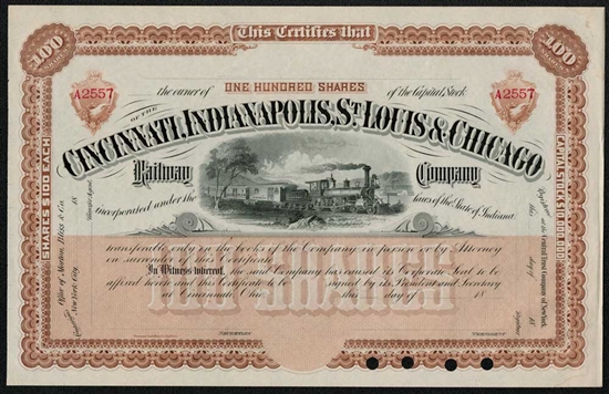 The Cincinnati, Indianapolis, St. Louis and Chicago Railway Un-Issued 1880s