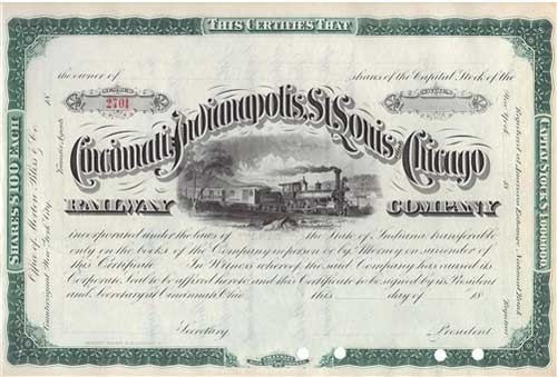 1800's The Cincinnati, Indianapolis, St. Louis and Chicago Railway Co. Stock