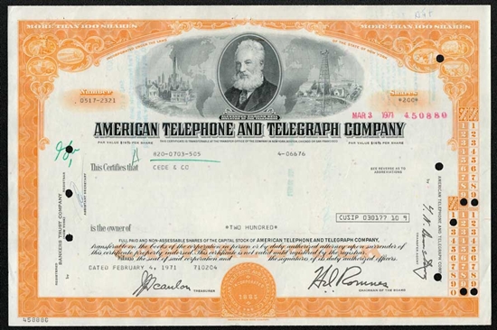 American Telephone and Telegraph AT&T Stock Certificate