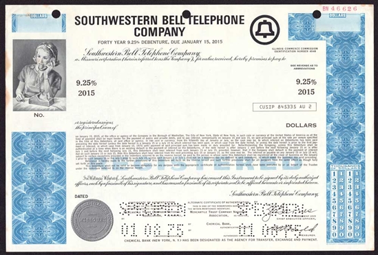 Southwestern Bell Telephone Co Specimen Bond - AT&T Baby Bell