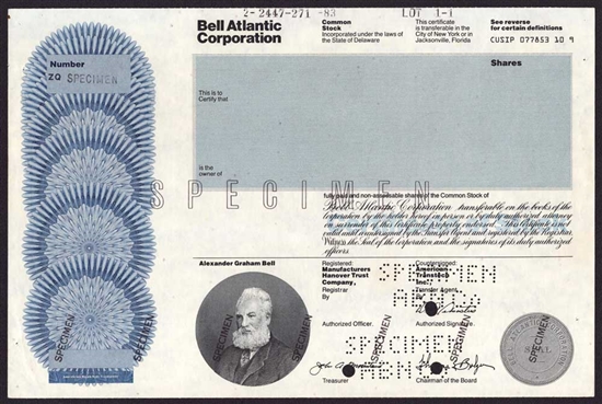 Bell Atlantic Corp. Specimen Stock Certificate - AT&T Baby Bell now Verizon