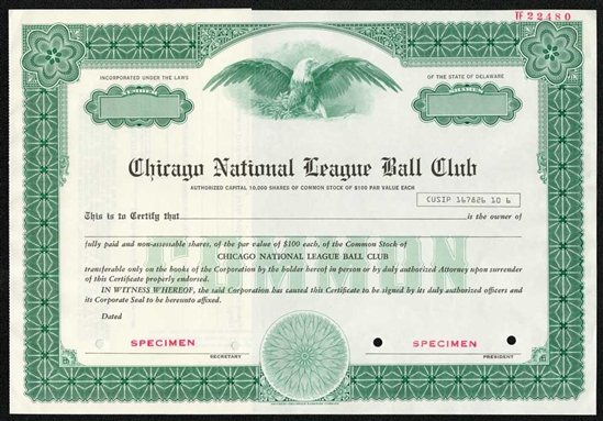 Chicago Cubs Specimen Stock Certificate - Chicago National League Ball Club - Rare