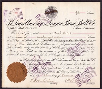 St. Louis American League Base Ball Co Stock Certificate | Baltimore Orioles | Signed