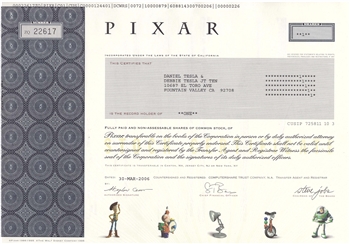 Pixar Stock Certificate - Steve Jobs