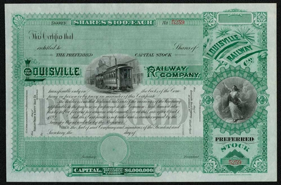 Louisville Railway Company 1800s Stock Certificate