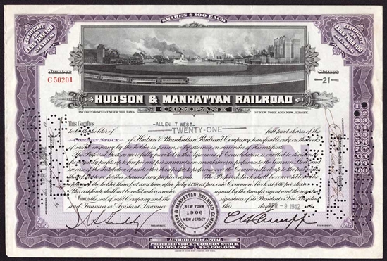 Hudson & Manhattan Railroad Company Stock Certificate