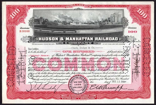 Hudson & Manhattan Railroad Company Stock Certificate