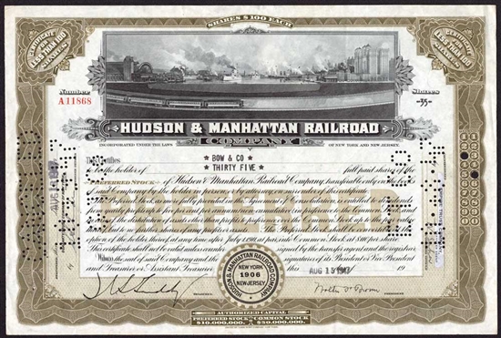 Hudson & Manhattan Railroad Company Stock Certificate