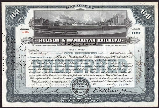 Hudson & Manhattan Railroad Company Stock Certificate