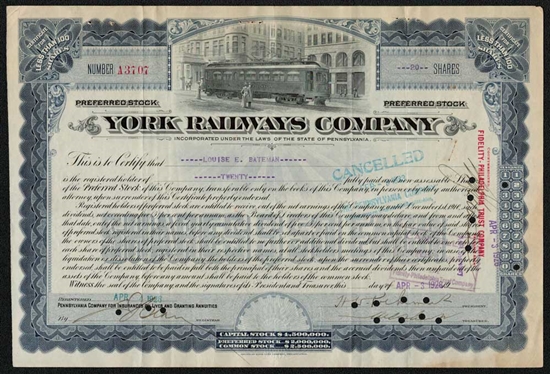 York Railways Company Stock Certificate