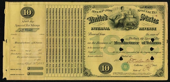 1882 U.S. Internal Revenue Stamp for Special Tax - Tobacco