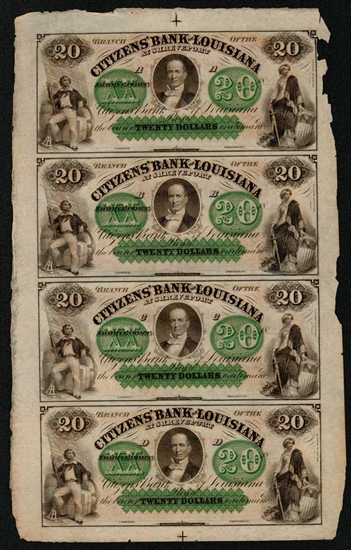 Citizens' Bank of Louisiana $20 Note Sheet  - 1860s