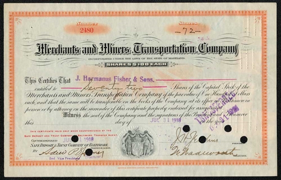 Merchant and Miners Transportation Company Stock Certificate