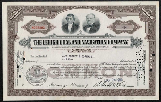 The Lehigh Coal and Navigation Company Stock Certificate