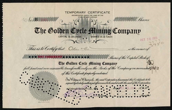 The Golden Cycle Mining Company Stock Certificate