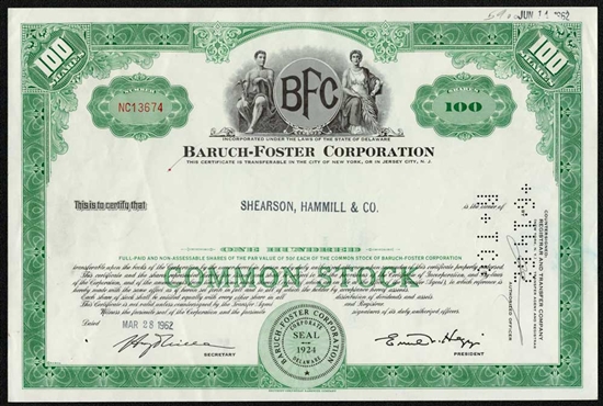 Baruch-Foster Corporation Stock Certificate - Shearson Hammill