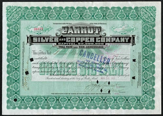 Parrot Silver and Copper Company Stock Certificate