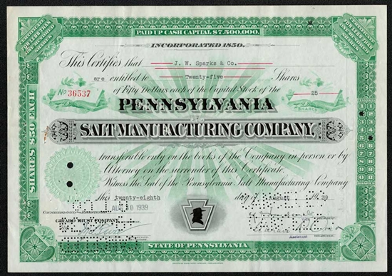 The Pennsylvania Salt Manufacturing Company Stock -1939