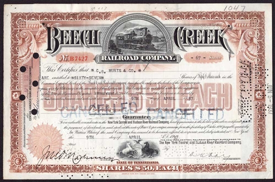 Beech Creek Railroad Company Stock Certificate