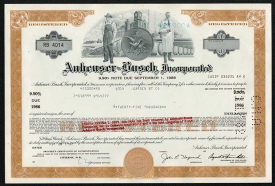 Anheuser-Busch, Inc. Bond Certificate