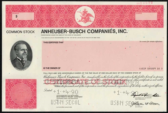 Anheuser-Busch Companies Inc. Specimen Stock Certificate