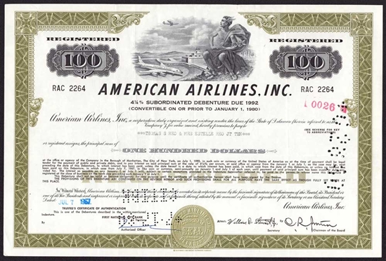American Airlines Inc. Bond Certificate Olive