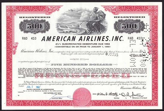 American Airlines Inc. $500 Bond Certificate - 1967