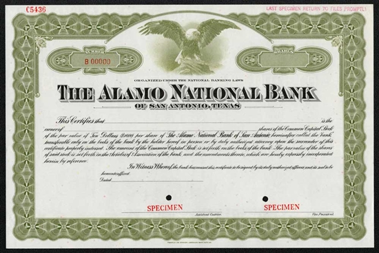 The Alamo National Bank Specimen Stock Certificate