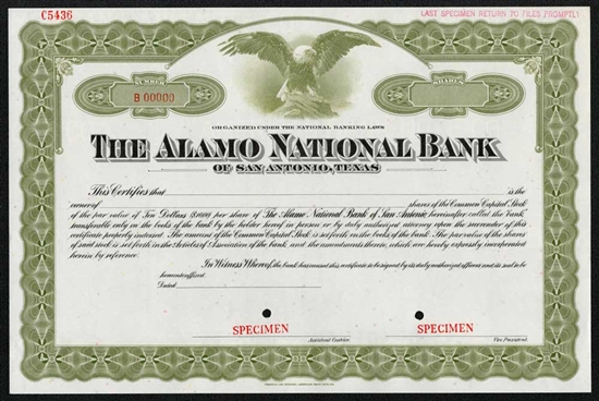 The Alamo National Bank Specimen Stock Certificate