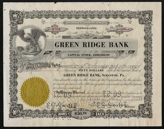 1938 Green Ridge Bank Stock Certificate