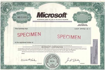 Microsoft Specimen Stock Certificate - Rare