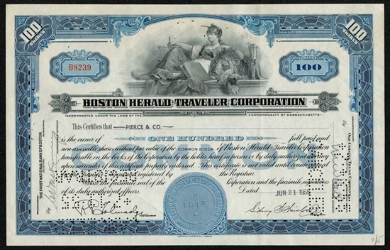 Boston Herald Traveler Corporation Stock Certificate Blue